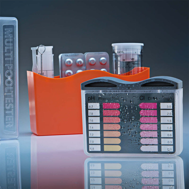 Lovibond 151900 The 5-in-1 Multi Pooltester water quality analyzer is stored in its plastic case.
