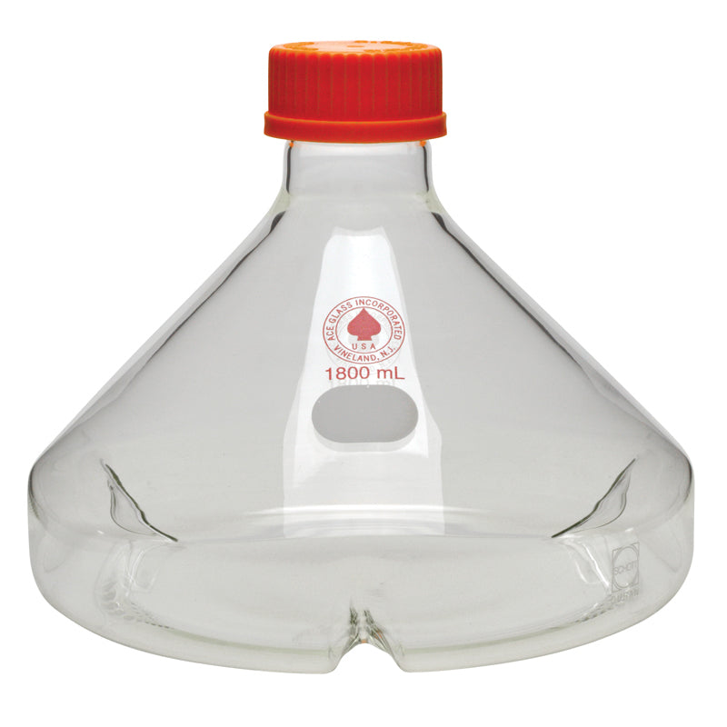 WHEATON culture flasks for incubation and dilution, with three baffles and screw caps.