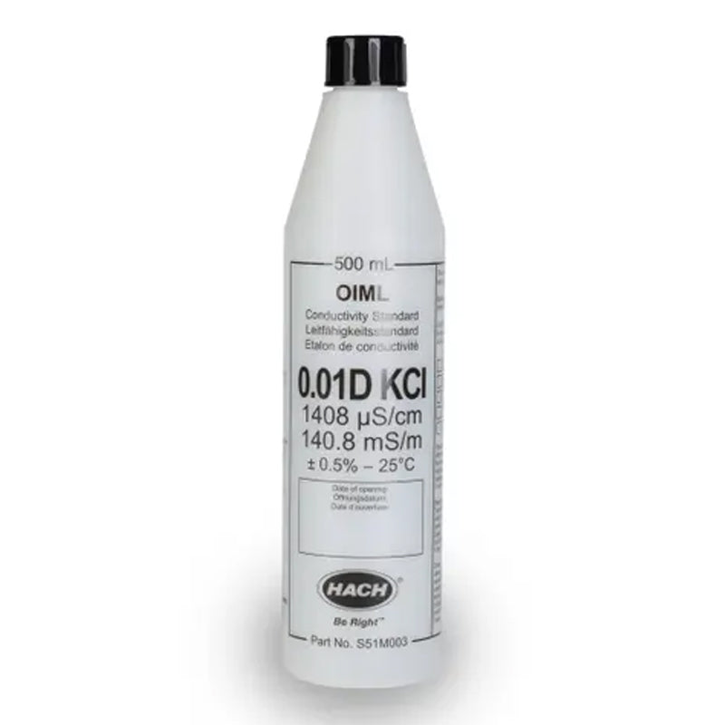 HACH 1408 µS/cm Certified Reference Material CRM OIML Conductivity Standard Solution, KCl 0.01D, 500 mL PN.S51M003